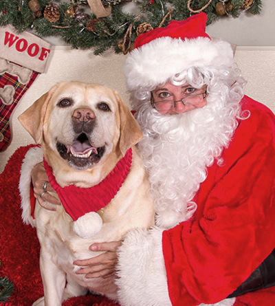 smiling dog posing with Santa Claus