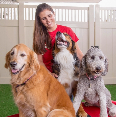 Camp Bow Wow camp counselor with three happy dogs