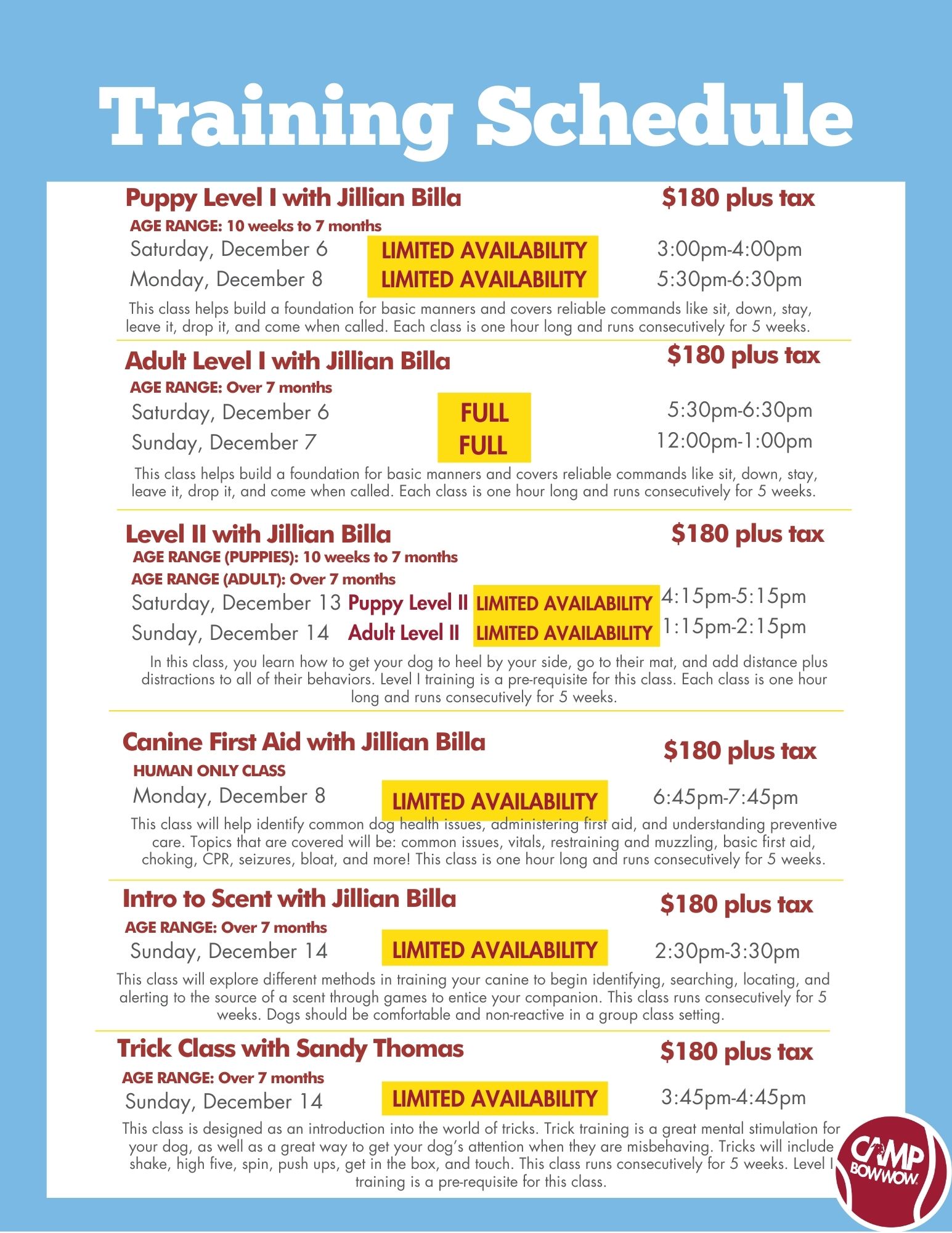 December 2025 Training Schedule