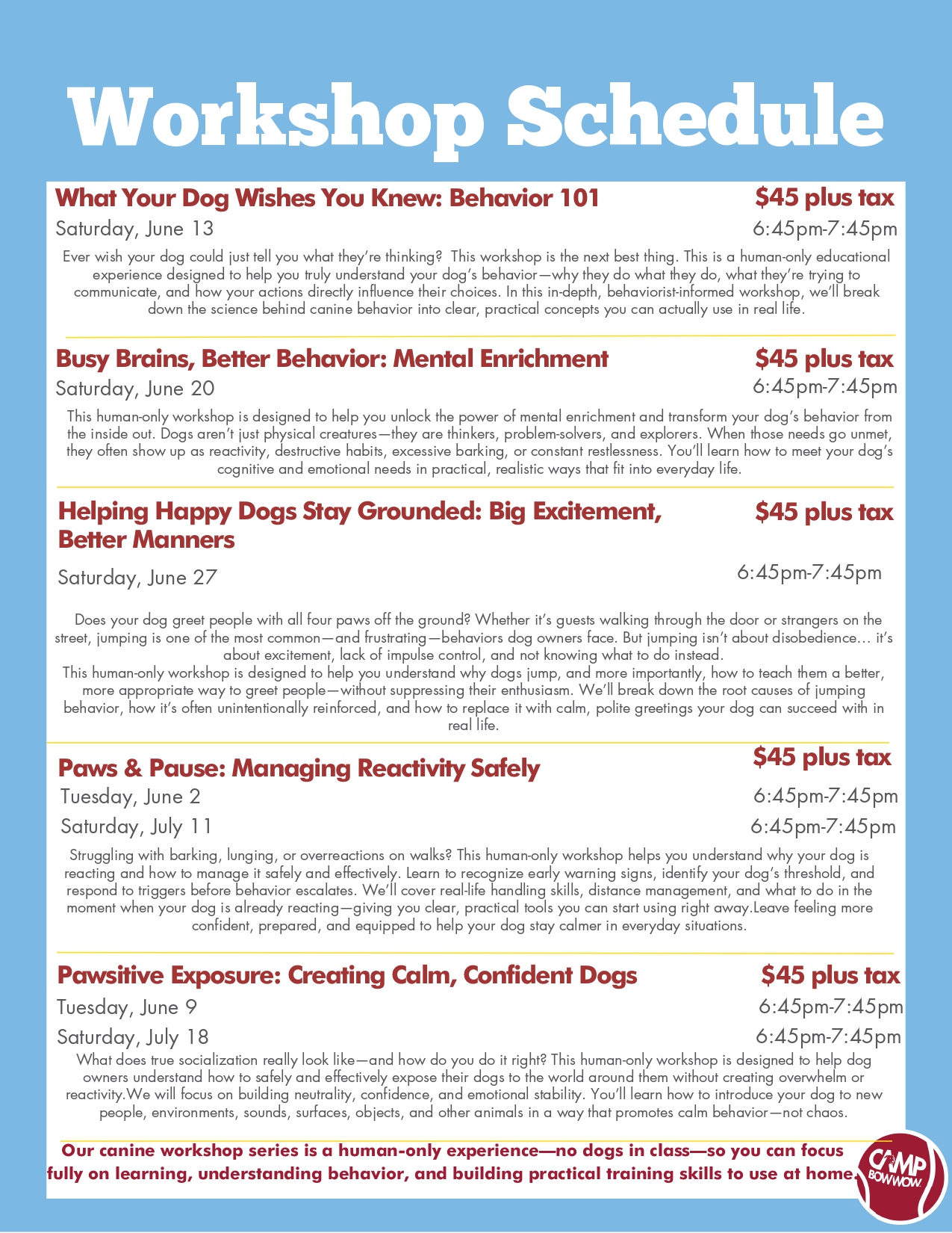workshop schedule