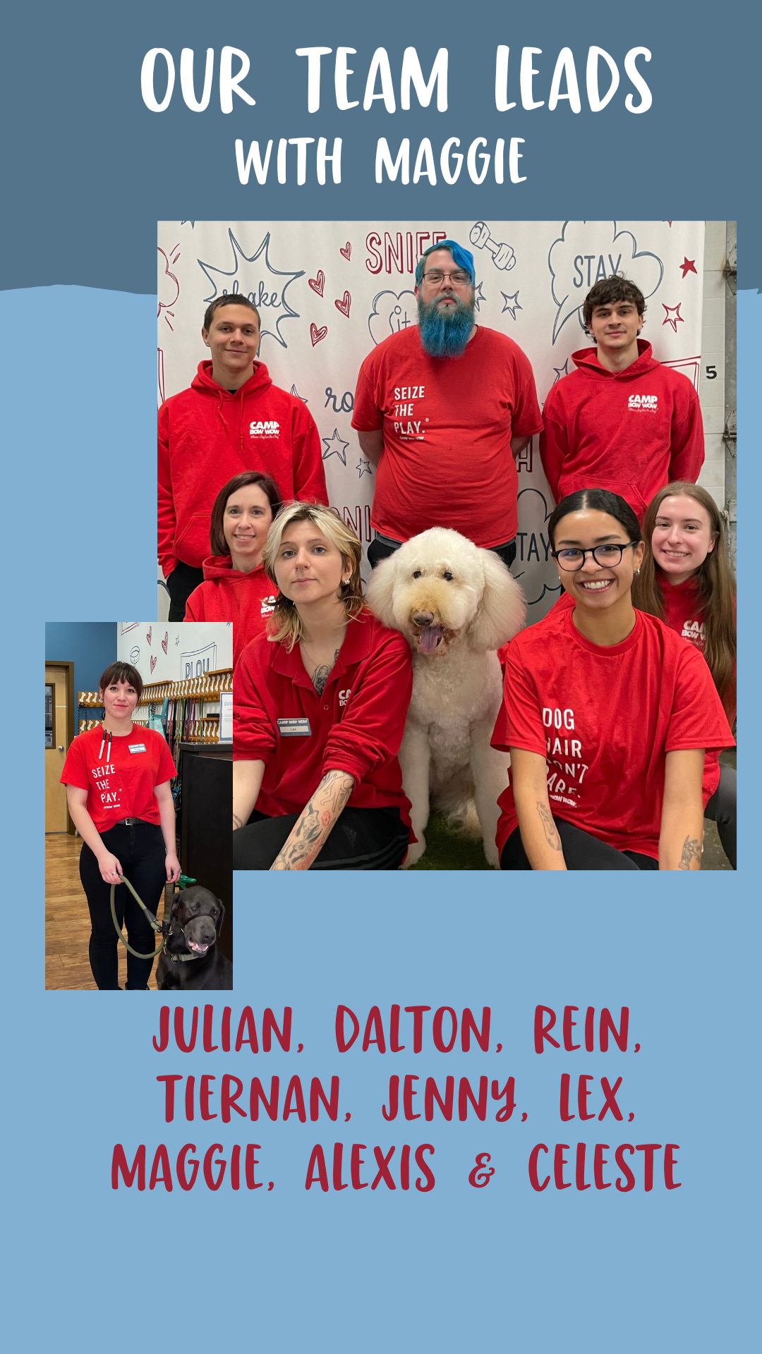 photo of Camp Bow Wow Delaware North leads Julian, Dalton, Rein, Tiernan, Jenny, Lex, Maggie, Alexis, and Celeste