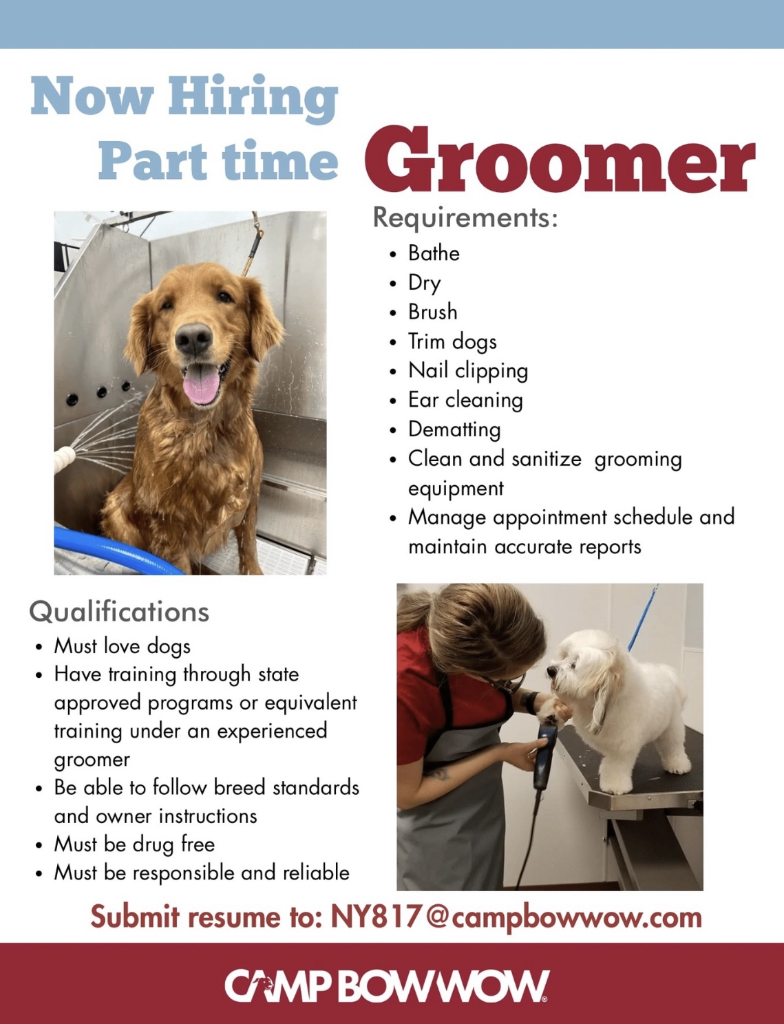 Now Hiring Part Time Groomer!