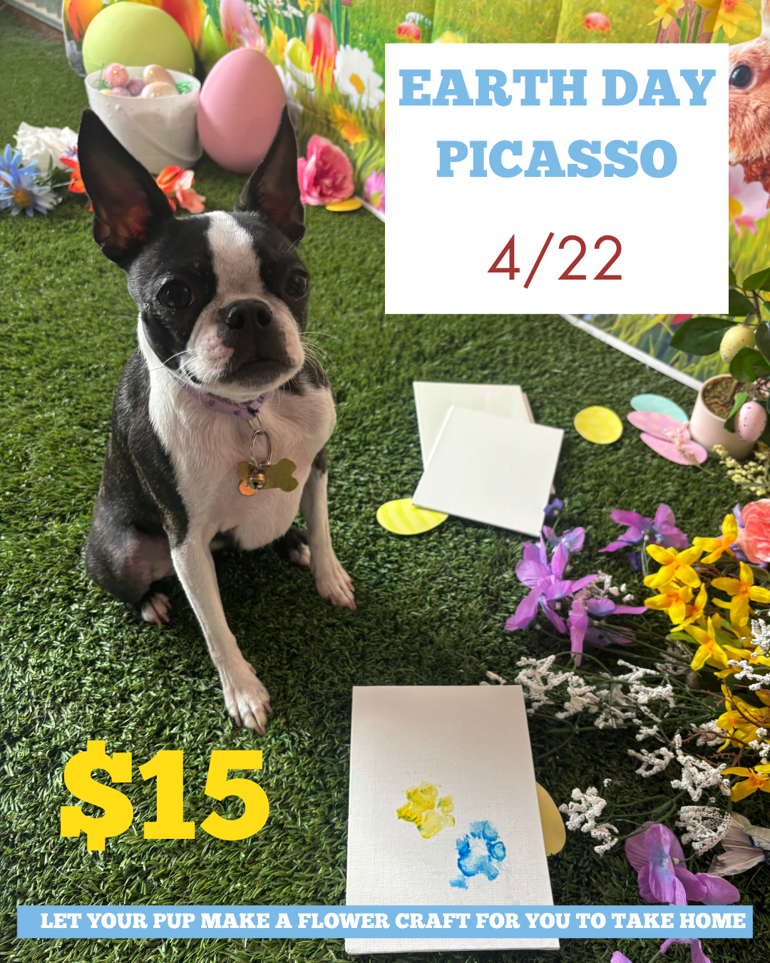 puppy sitting next to easter decor